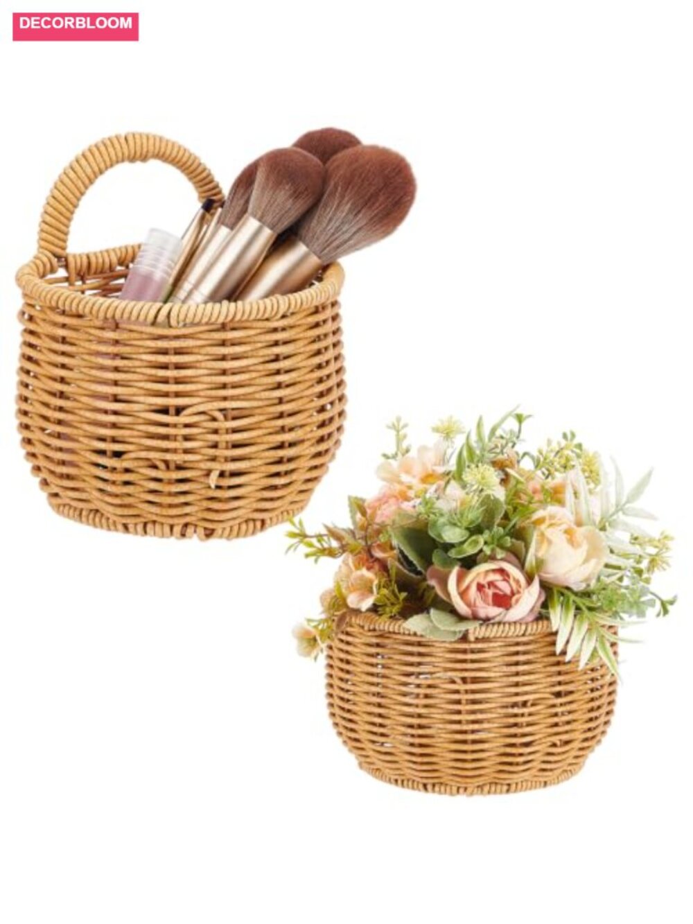 Set of 2 Plastic Woven Wall Hanging Basket Storage Organizer with Adhesive Hooks